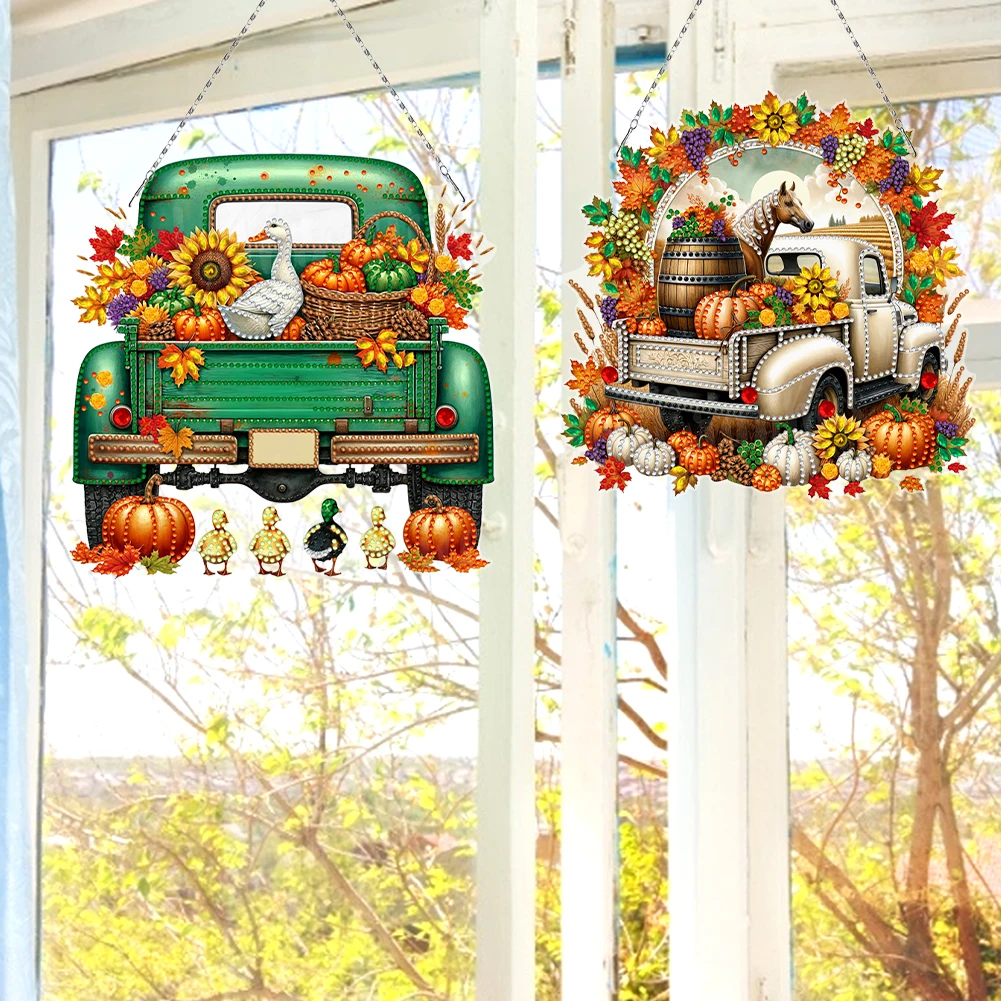 

2PCS Pumpkin Car Theme 2D/Flat DIY Diamond Painting Set Hanging Diamond Art Kits (C)