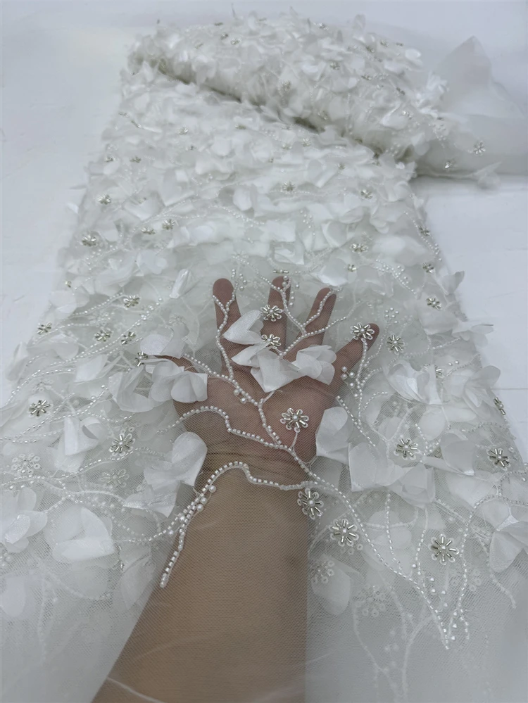 High -End Luxury 3D Flower Embroidery Handmade Beaded Lace Fabric African Mesh Fabric For  Bridal Wedding Dress jy331