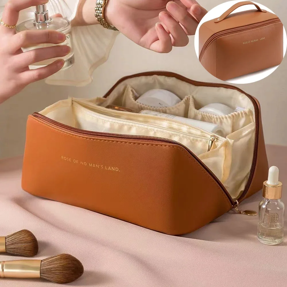 

PU Leather Makeup Bag Large Capacity Multi-Layer Travel Toiletry Bag Portable Handheld Cosmetic Organizer with Zipper