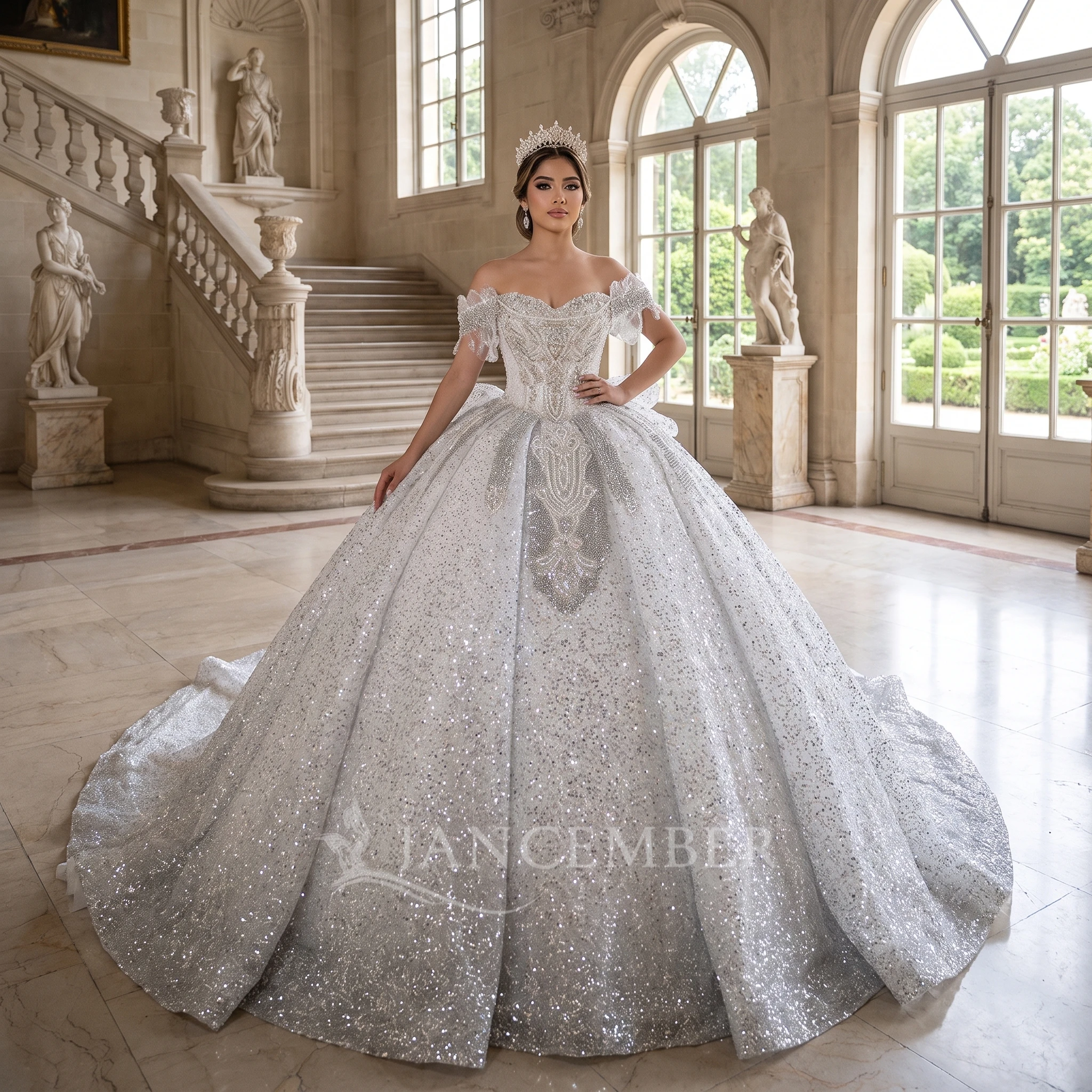 Customized Magnificent White Wedding Dress Sweetheart Short-sleeved Puffy Skirt Elegant Women's Wedding Dress Vestido de novia