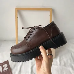 brązowe mokasyny na platformie damskie buty Oxford płaskie buty na platformie buty w stylu casual zasznurowane skórzane buty szycie okrągłe Toe zapatos mujer