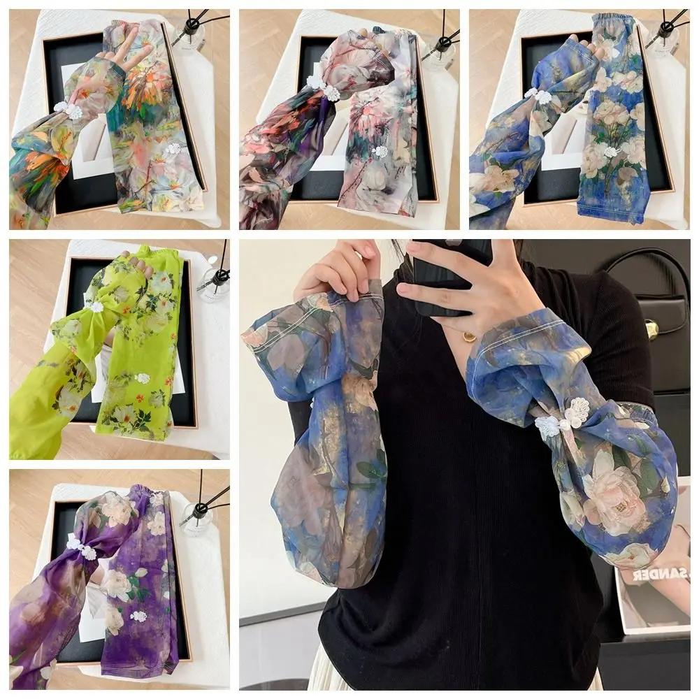 Maniche in seta di ghiaccio stampate con fibbia in stile cinese Anti-UV Isolamento UV Manica in chiffon per protezione solare Fiore Guanto a maniche lunghe