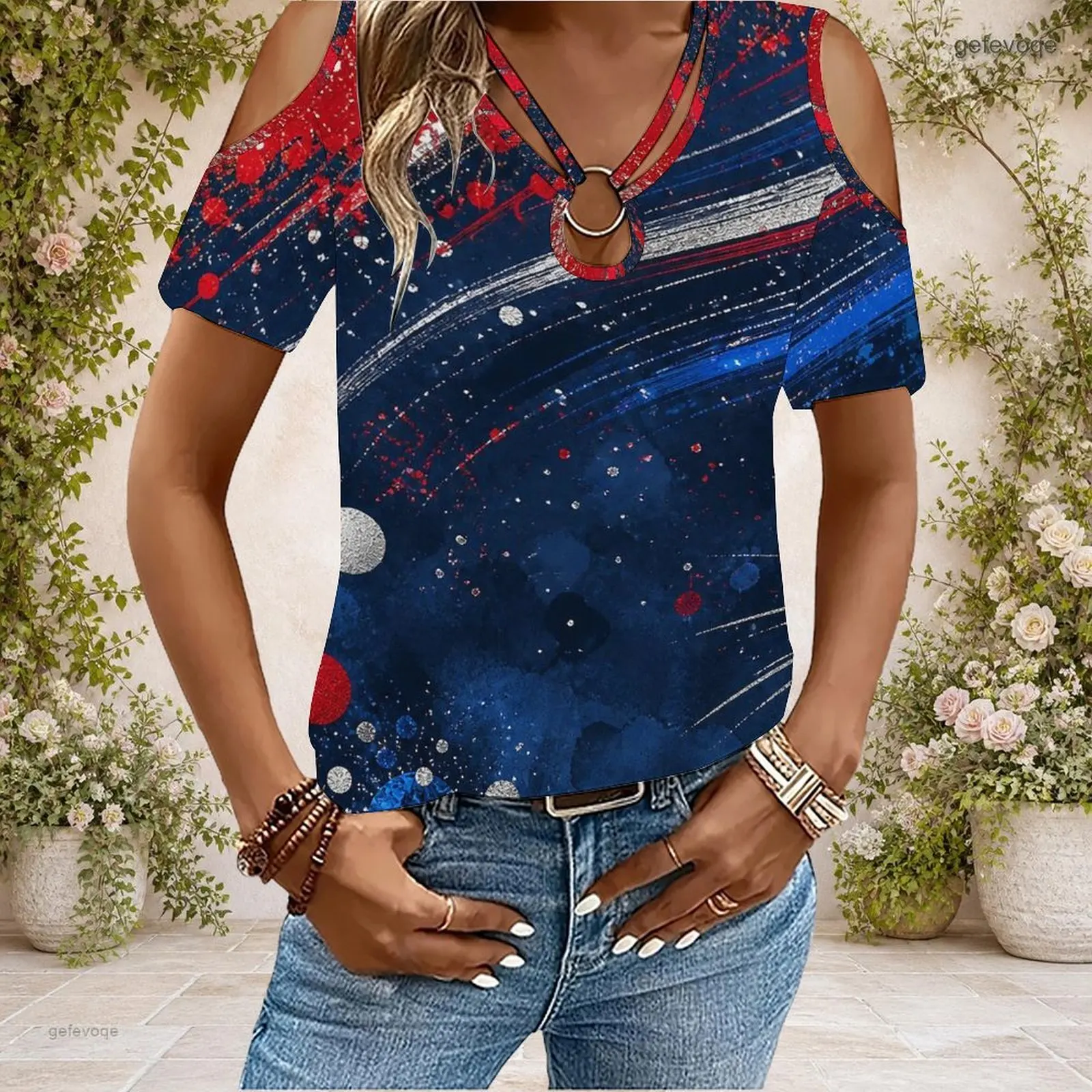 Women Cold Shoulder Short Sleeve T Shirt V Neck O Ring Keyhole Cutout Loose Casual Top Custom Print Ladies Daily Blouse