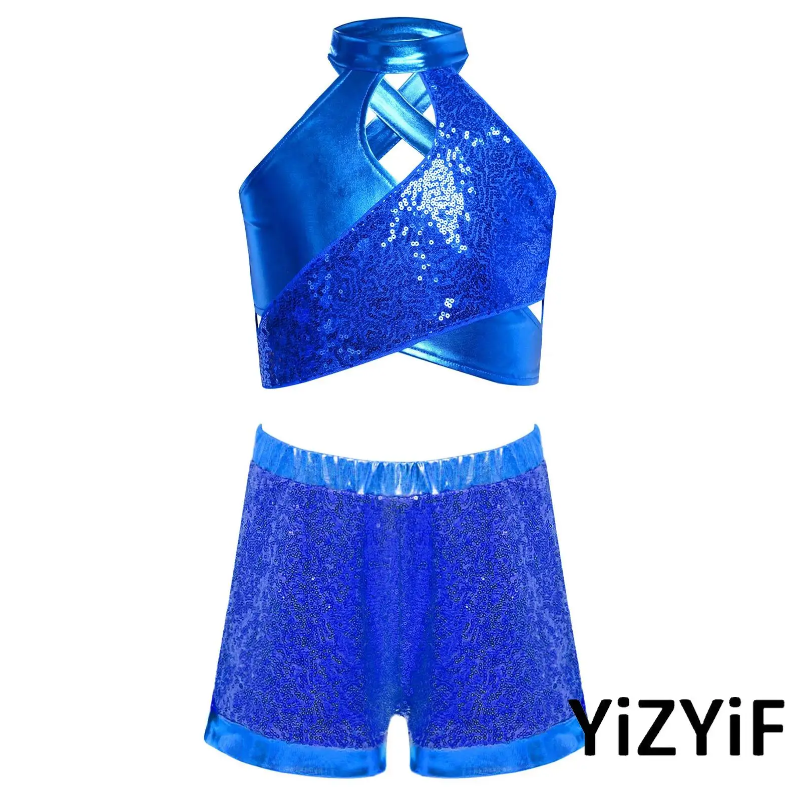 

Kids Girls Dynamic Jazz Hip Hop Dance Outfit Cross Keyhole Sparkly Sequins Metallic Crop Top with Shorts for Stage Performance