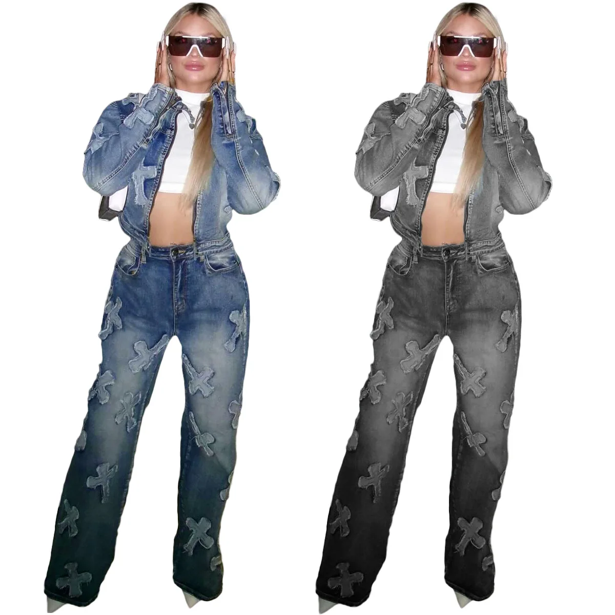 2024 New Cross Wash Water Burnt Flower Elastic Casual Denim Set