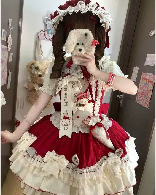 Sweet Cute Red and White Lolita Slash Neck Suspender Princess Dress Fashion High Waist A-line Age Reduction Short Cake Dresses
