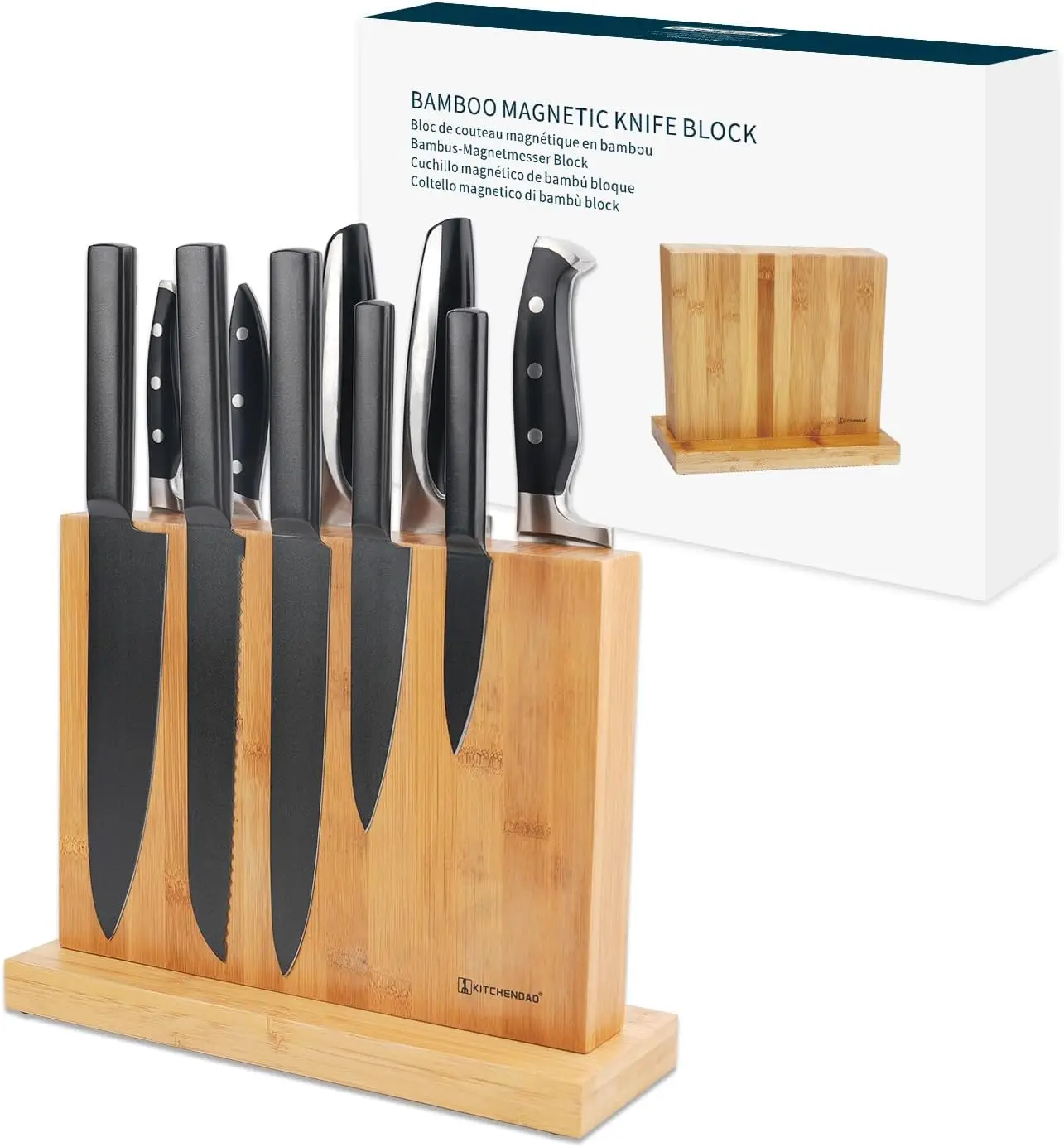 

Роскошный двусторонний бамбуковый магнитный держатель для ножей без ножей с улучшенными мощными магнитами и дисплеем для столовых приборов