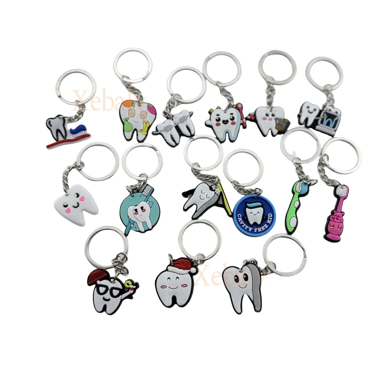 100pcs Dental Tooth Shape Model Simulation Keychain Fashion Keyring Cartoon Lovely Girls Kids Gift Pendant Teeth Key Chain