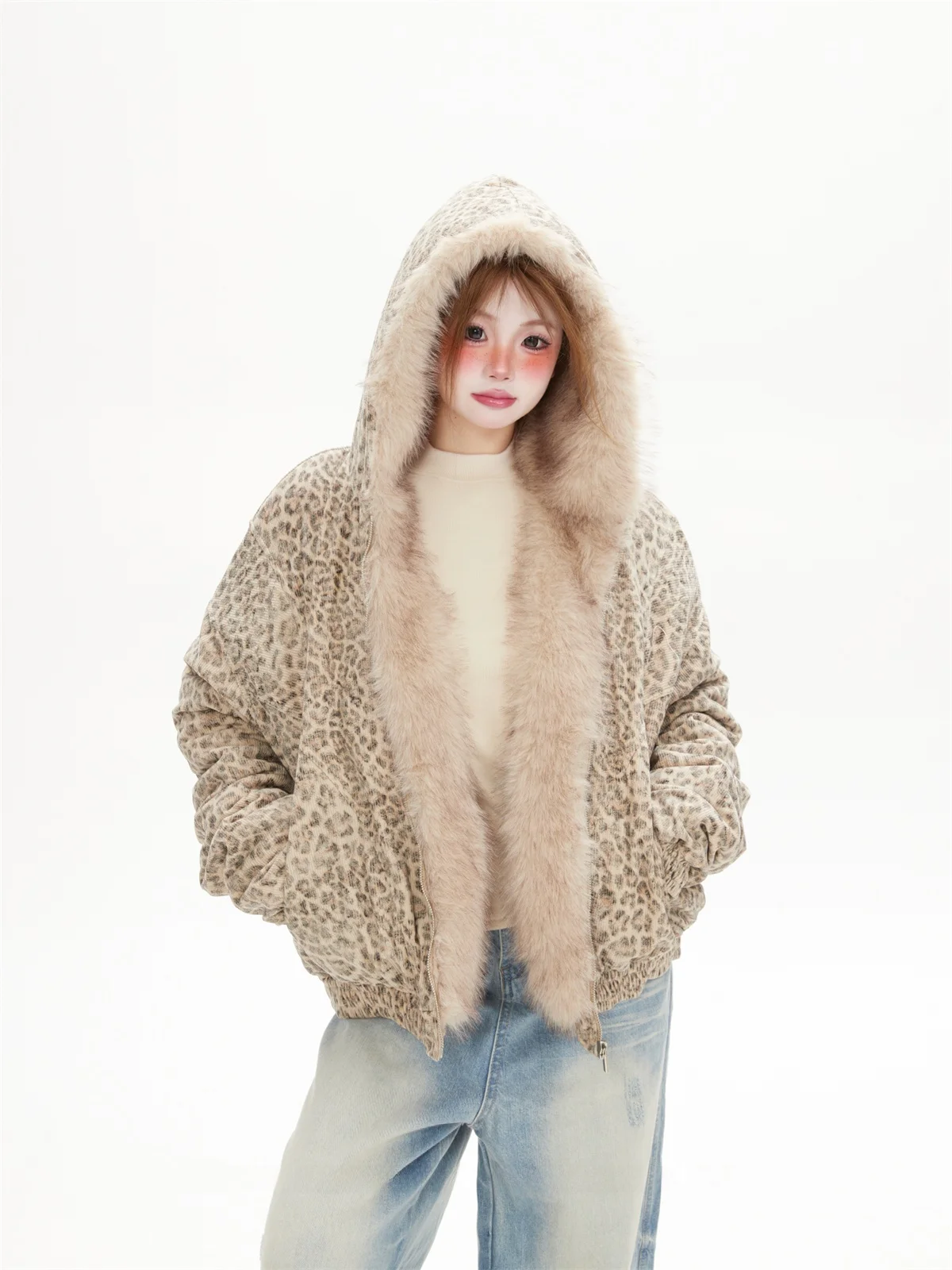 

Свободное женское хлопковое пальто с леопардовым принтом American Sle, осенне-зимняя верхняя одежда Lazy Sle ort с меховым воротником