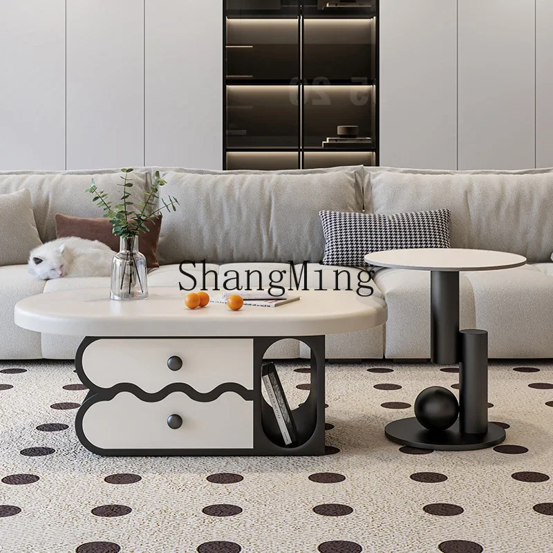 FG cream wind coffee table living room household small apartment Internet celebrity oval senior feeling rock board coffee table