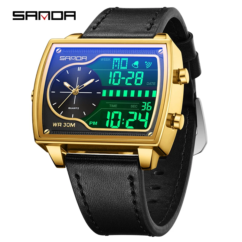 SANDA 6163 ساعة رجالية كوارتز مقاوم للماء ساعة رجالية ساعة معصم رياضية ذكر العد التنازلي العسكري ساعة رقمية رجل 2025