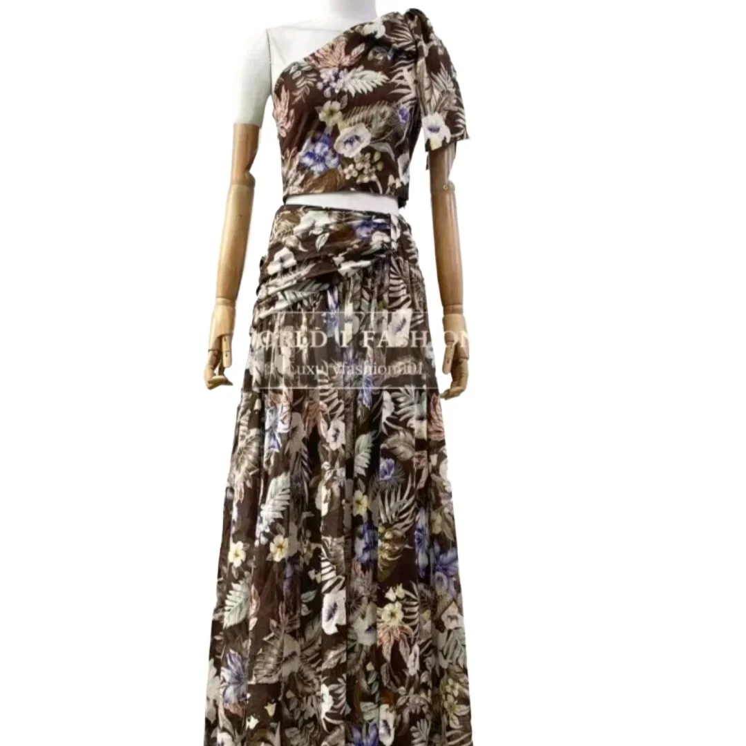 

Brown Sloping Shoulders Sleeveless Bow Floral Print Short Blouse and Midi Skirt Set 2025 New Design