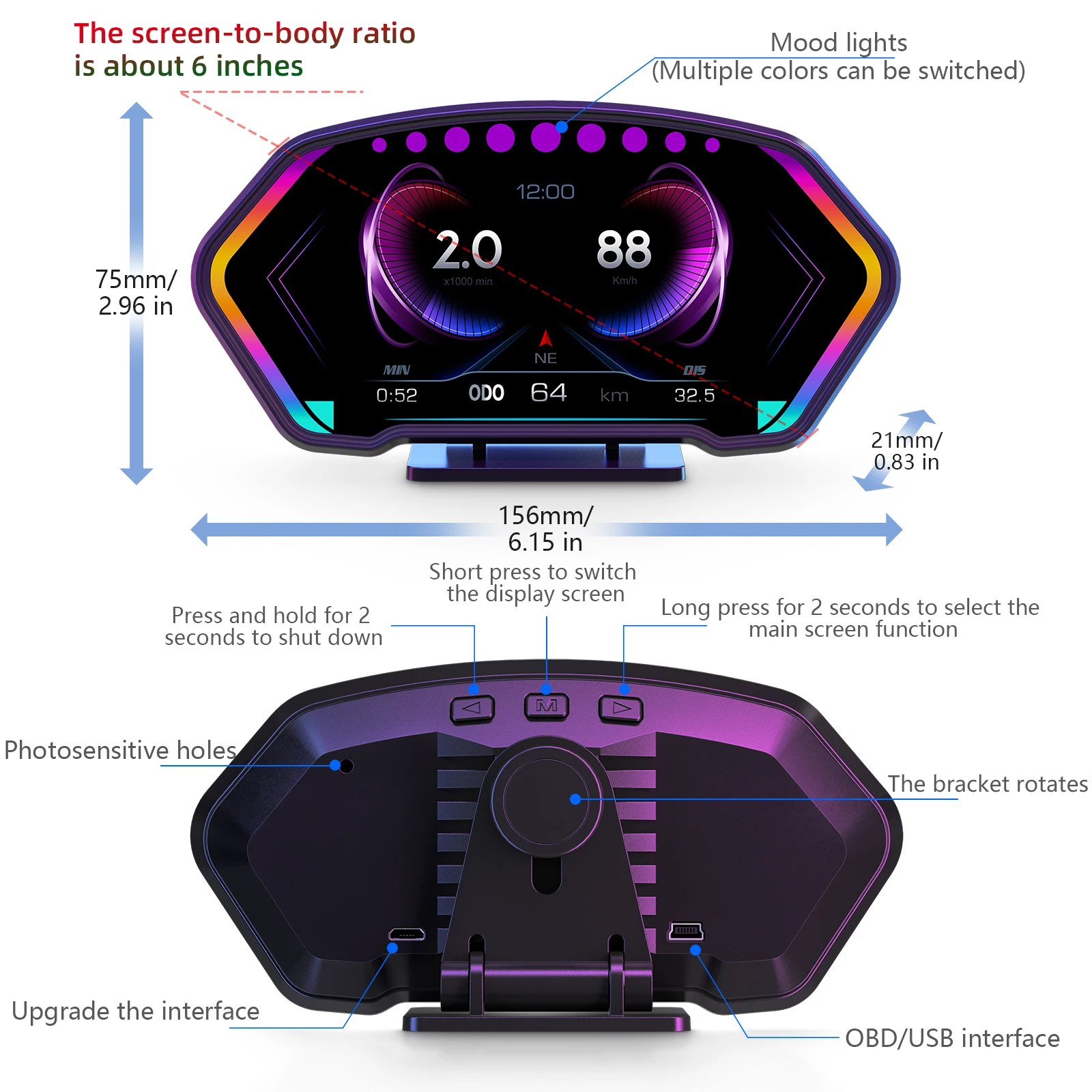 P3 Car HUD Head-up 6-inch High Definition LCD Screen OBD+GPS Dual System Slope Meter 36 Functions 9 Alarm Car Accessory