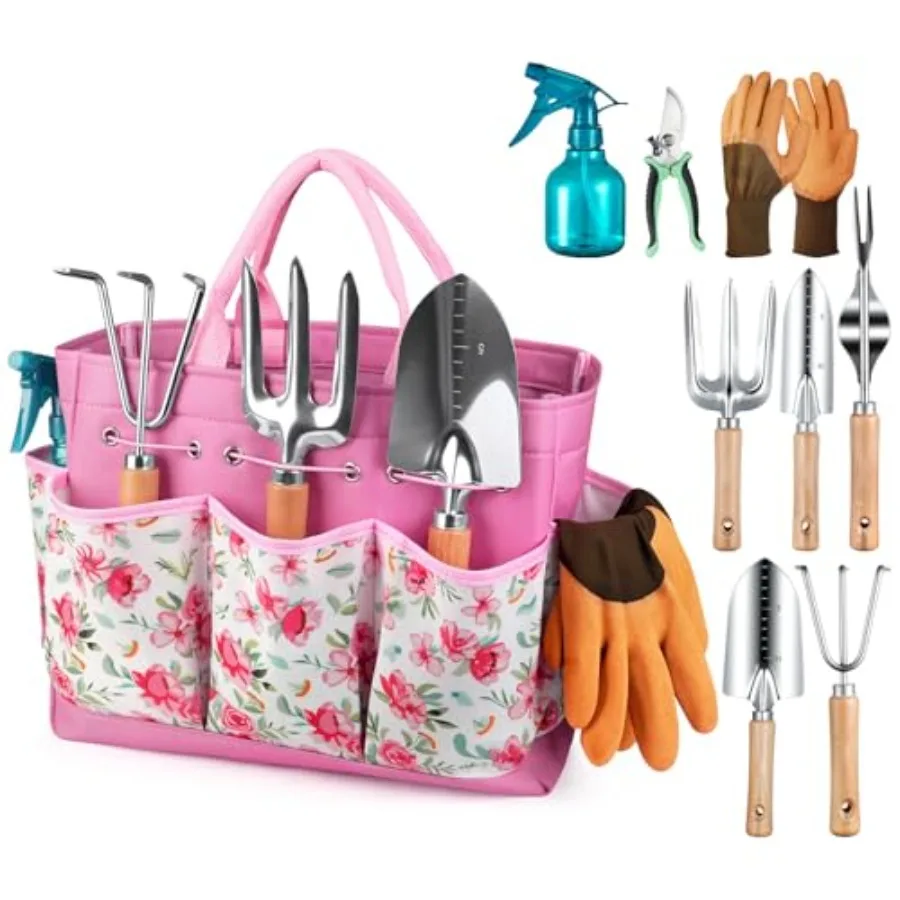 

Gardening Tools 9-Piece Heavy Duty Garden Hand Tools with Fashion and Durable Garden Tools Organizer Handbag Rust-Proof Garden
