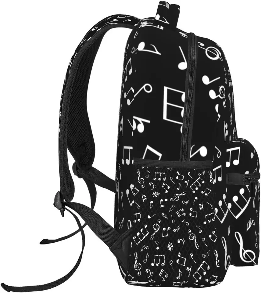Music Note Black Backpack with White Piano and Staff Accents Custom Print Backpack School Bag - Stylish & Durable main image 4