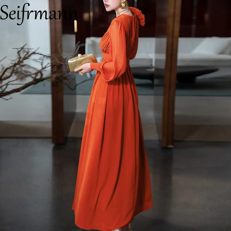 Seifrmann Solid Long Sleeve V-Neck Long Dress For Women Appliques High waist High-End Temperament Party Prom Dresses