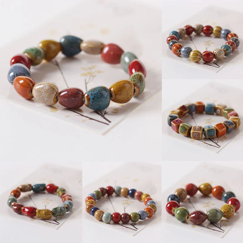 Ethnic Style Fashion Glaze Ceramic Beaded Dainty Bracelet Strand Bracelet Multicolor Elastic Shell/Fruit/Bone Shape Ceramic Bead