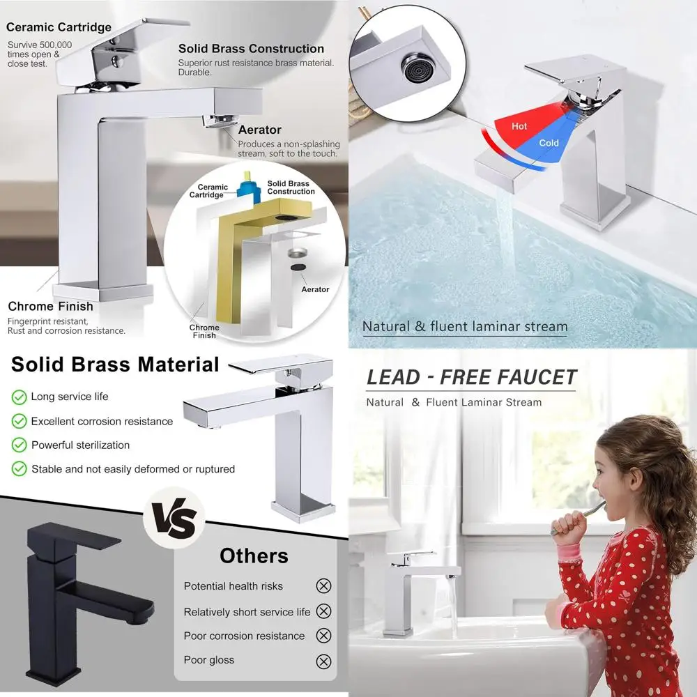 

Single Handle Solid Brass Chrome Faucet, 1-Hole Sink Mixer with Flexible Hoses and Pop-Up Drain, Lead-Free, Certified by CEC & c