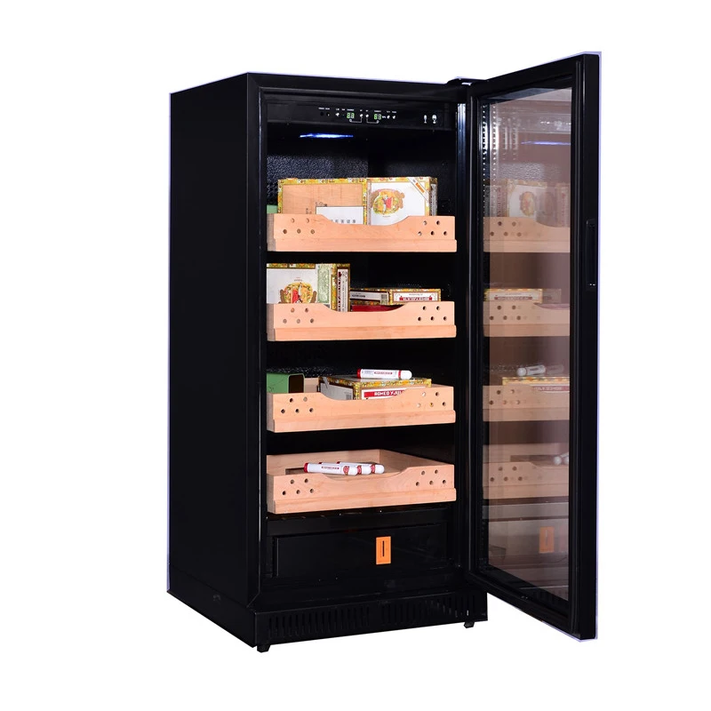Electric Display 228L Cigar Humidor Cooler Cedar Wood Mini Stainless Steel UV Printing Electronic Temperature English Vinotecas