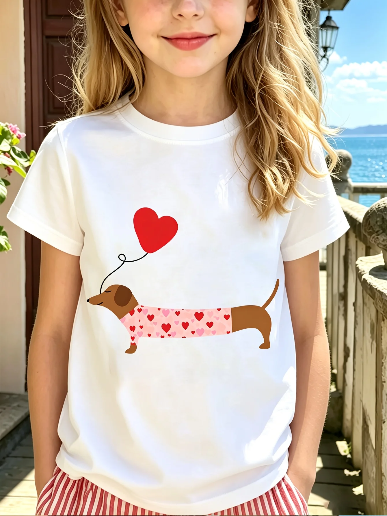 Family Matching T Shirt Heart Pattern Dachshund Balloon Graphic Print Short Sleeve Cotton Tee For Boys Girls Kids Daily Wear