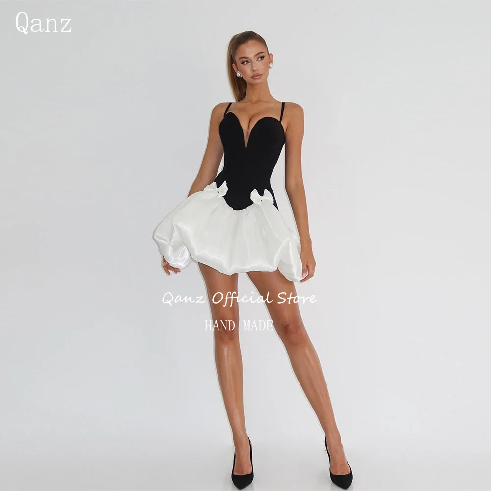 

Qanz Black / White Prom Dress Sweetheart Spaghetti Straps вечернее платье Puff Above Knee Party Gown Customized