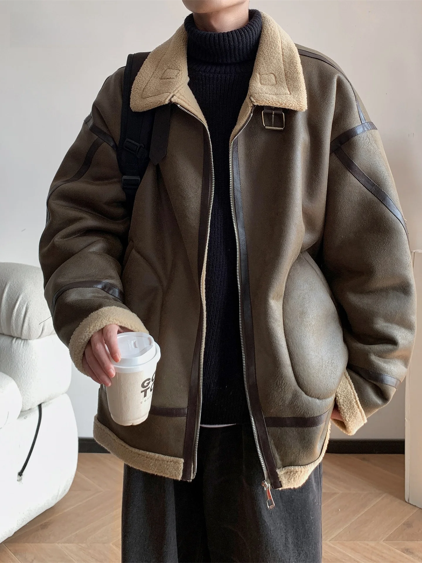 

Мужская зимняя куртка из замши в американском стиле, утепленная, с меховой подкладкой, для мотоциклистов, из хлопка