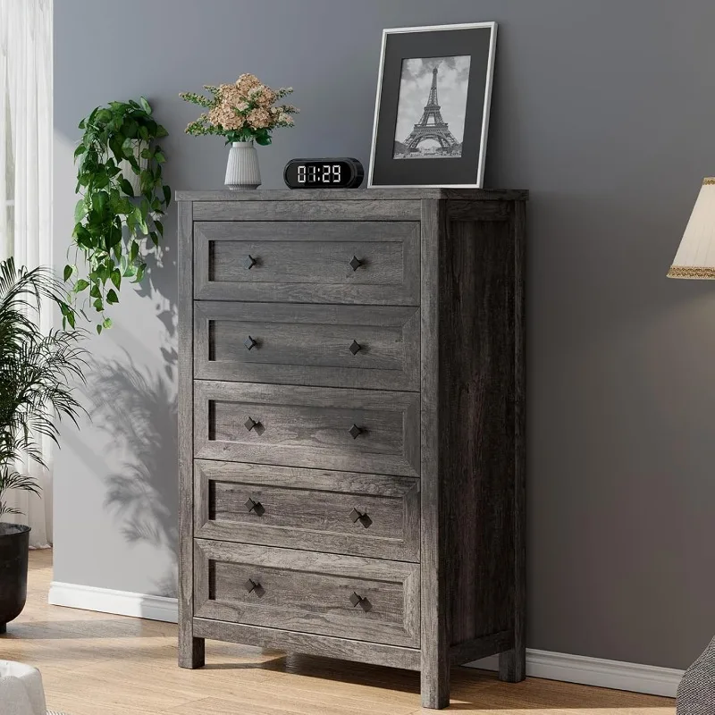 Farmhouse 5 Drawers Dresser, Wood Rustic Chest of Drawers for Bedroom, Tall Dressers Organizer with Metal Handles,