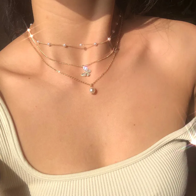 Bow Pearl Pendant Accessories Necklace Small Pearl Beads Collarbone Chain Multi-Layered Beads Pendant Necklace