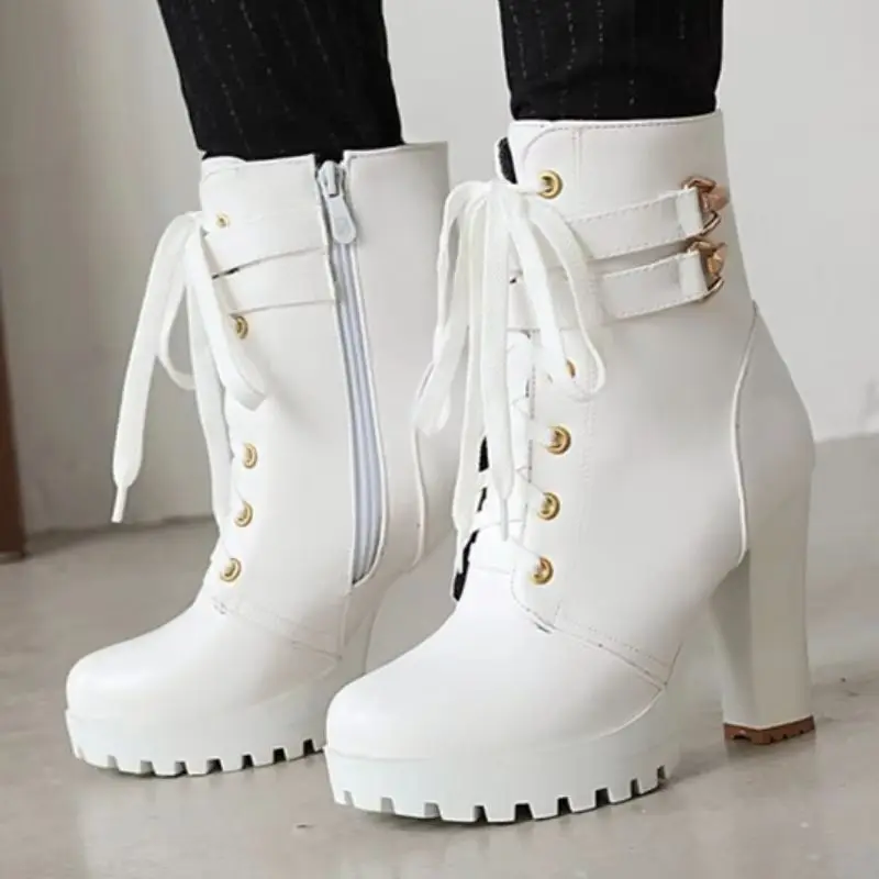

White Women's Ankle Boots Platform Autumn Winter Short Boot 2026 Buckle Luxury Block High Heels Party Footwear Lolitas Shoes