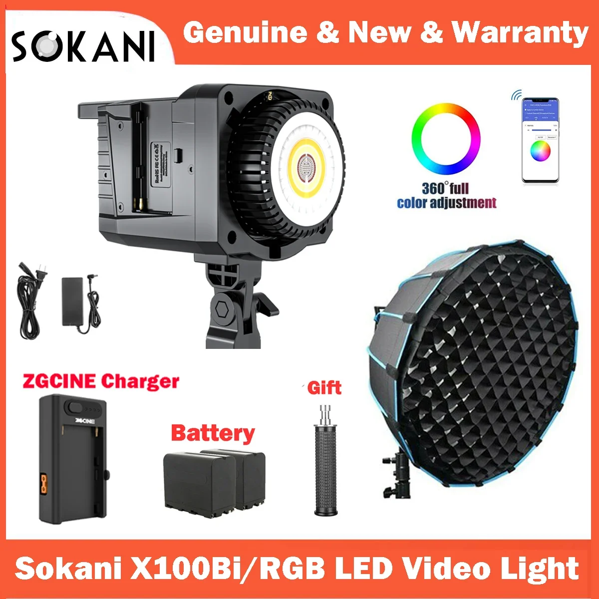 Sokani X100 lampe vidéo LED X100, 100W, RGB, bicolore, éclairage à montage Bowens, contrôle par application, pour photographie, enregistrement vidéo, prise de vue en extérieur