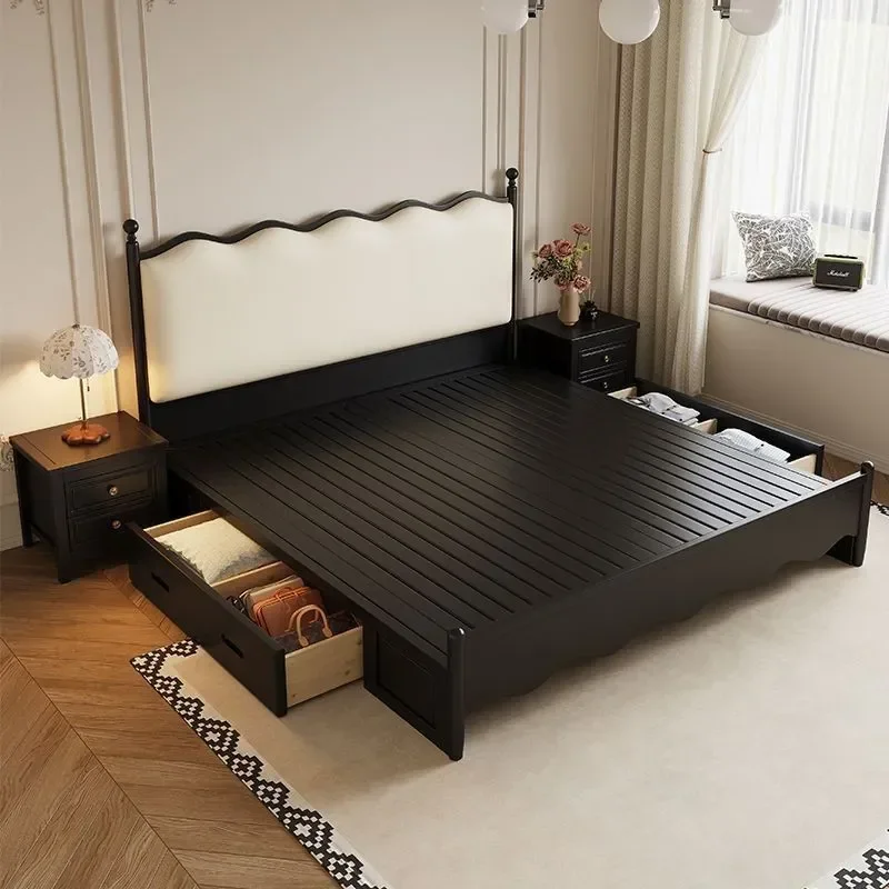 Medieval Style Solid Wood Bed 1.5m Single 1.8m Double Retro Ripple Design Household Bedroom Storage Frame Furniture