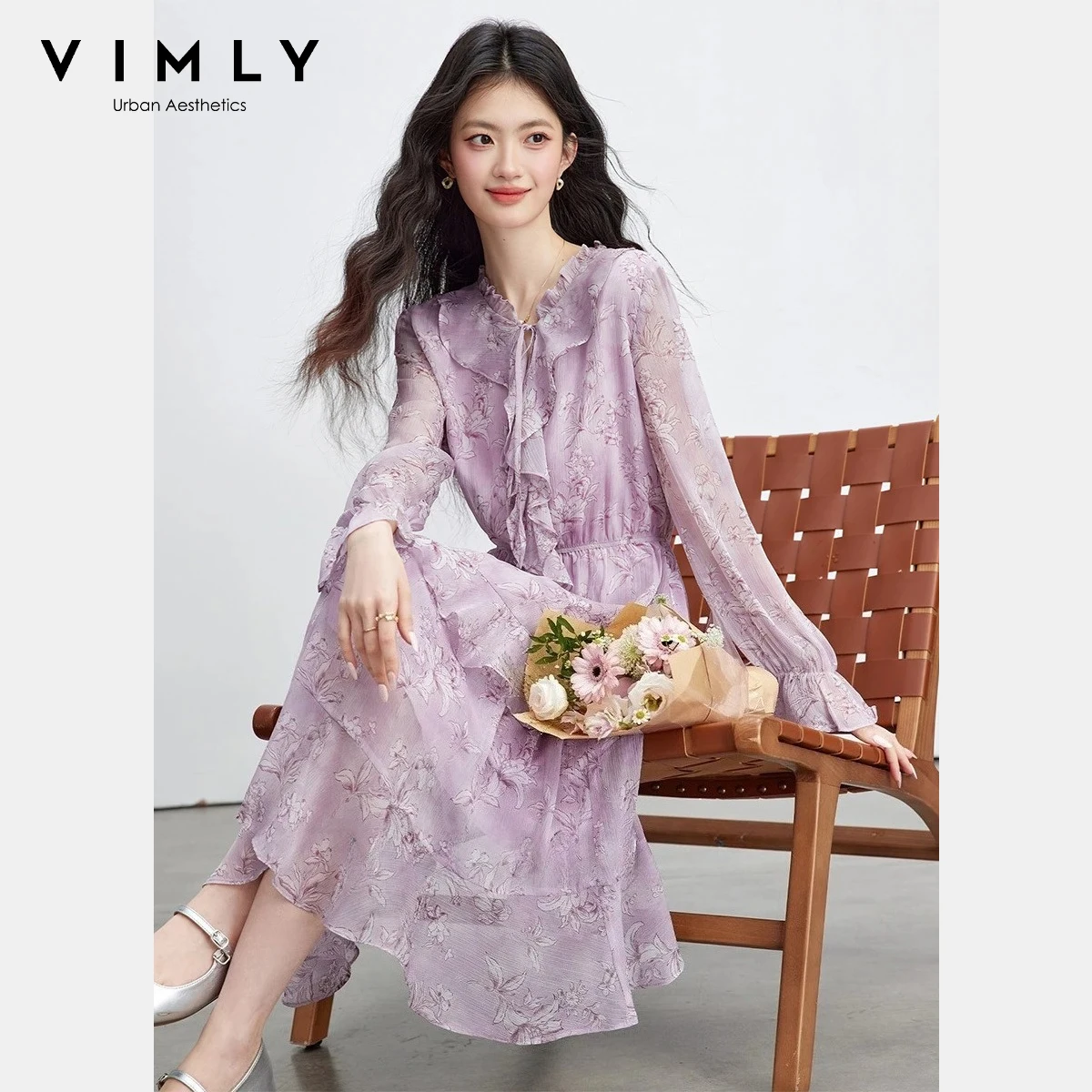

VIMLY Women's Purple Floral Dress 2026 Spring New French Vacation Tiered Ruffle Tie Neck Long Sleeve Loose Midi Dress A5136