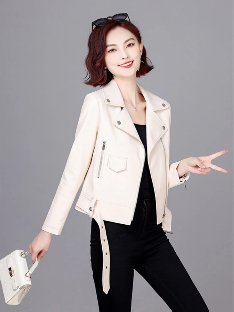 Wiosna Jesień Moda Cool Biker Style Garnitur Kołnierz Krótki Płaszcz Wyszczuplająca Kurtka Skórzana Nowa Kurtka Damska Moto Skórzana