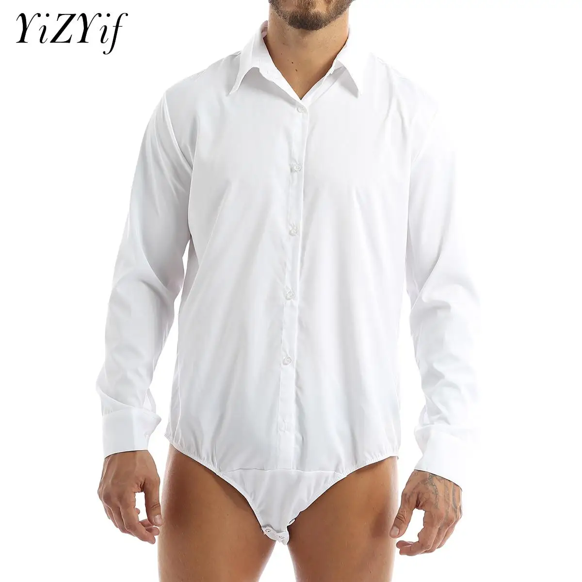 Body de manga larga con cuello vuelto para adultos y hombres, camisa informal de Color sólido con botones, Tops para citas, fiesta Formal