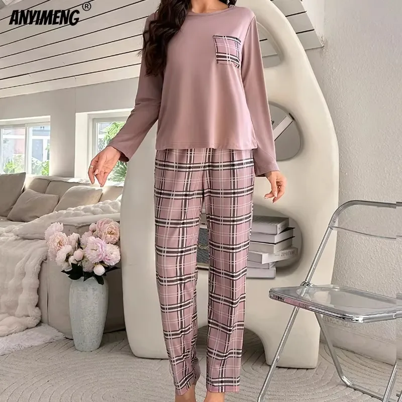 Autumn Winter Pajamas for Women Long Sleeves Plaid Pants Pajama Woman Milk Silk O-neck Woman Homewear Girls Nightwear