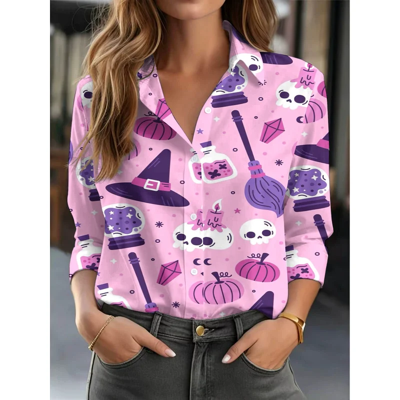 Halloween-themed fun print women's long-sleeve casual top with unique eye-catching design versatile for daily commuting
