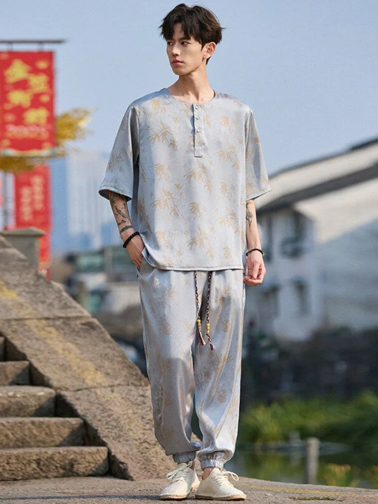 

New Chinese Sle Ice Silk Thin ort Sve T-irt Set for Men Summer Faionable Loose Fit Printed Hanfu Two-Piece Suit