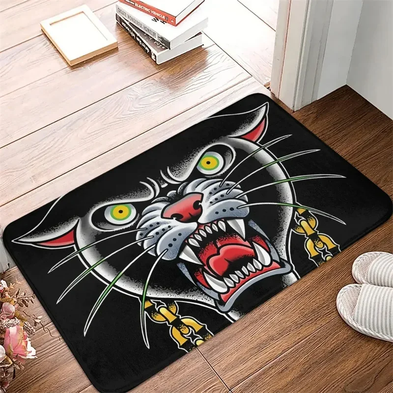 GothGothic Non-slip Entry Door Mat Traditional Tattoo Tiger Leopard Head Illustration Floor Mat Carpet