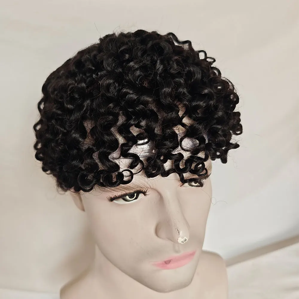 Men's Small Kinky Curly 12-14mm Full Lace Toupee Swiss Hair Replacement System Bleach Knots Front Wig for Hair Loss