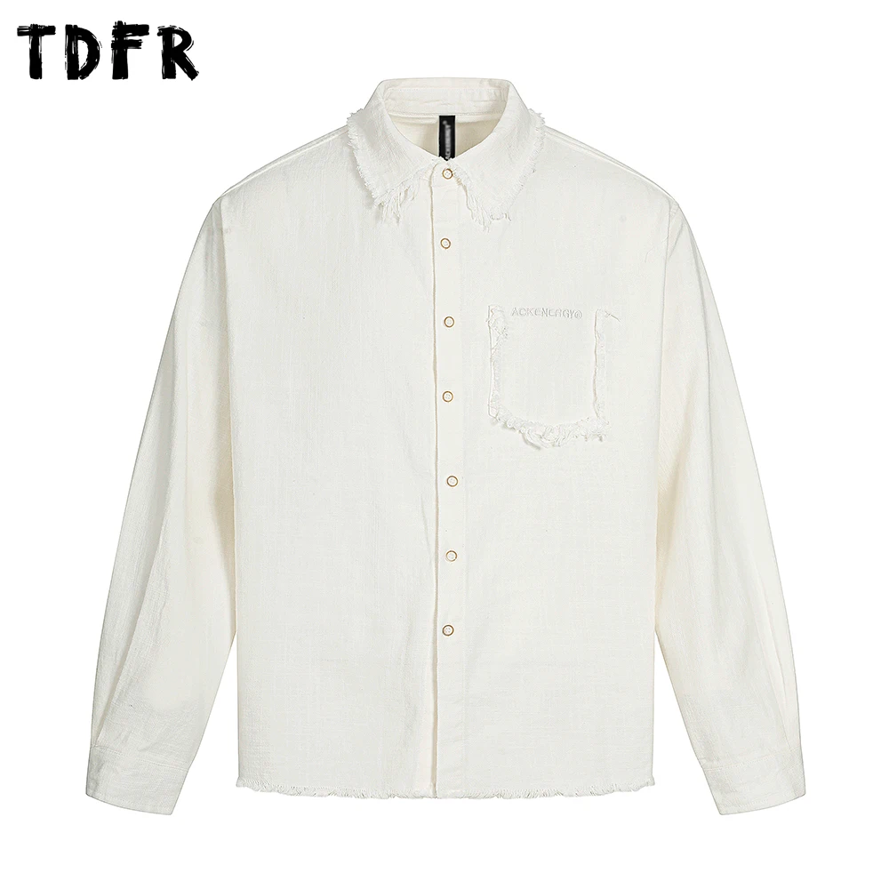 

Рубашки с длинным рукавом Raw Edge, мужские однотонные карманные рубашки, осенние повседневные свободные однобортные хлопковые рубашки в стиле ретро с лацканами, мужские рубашки