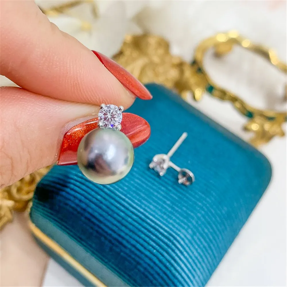 DIY Pearl Accessories S925 Pure Silver Ear Nail Empty Holder Single Diamond Princess Earring Holder Fit 7-10mm Round Flat Beads