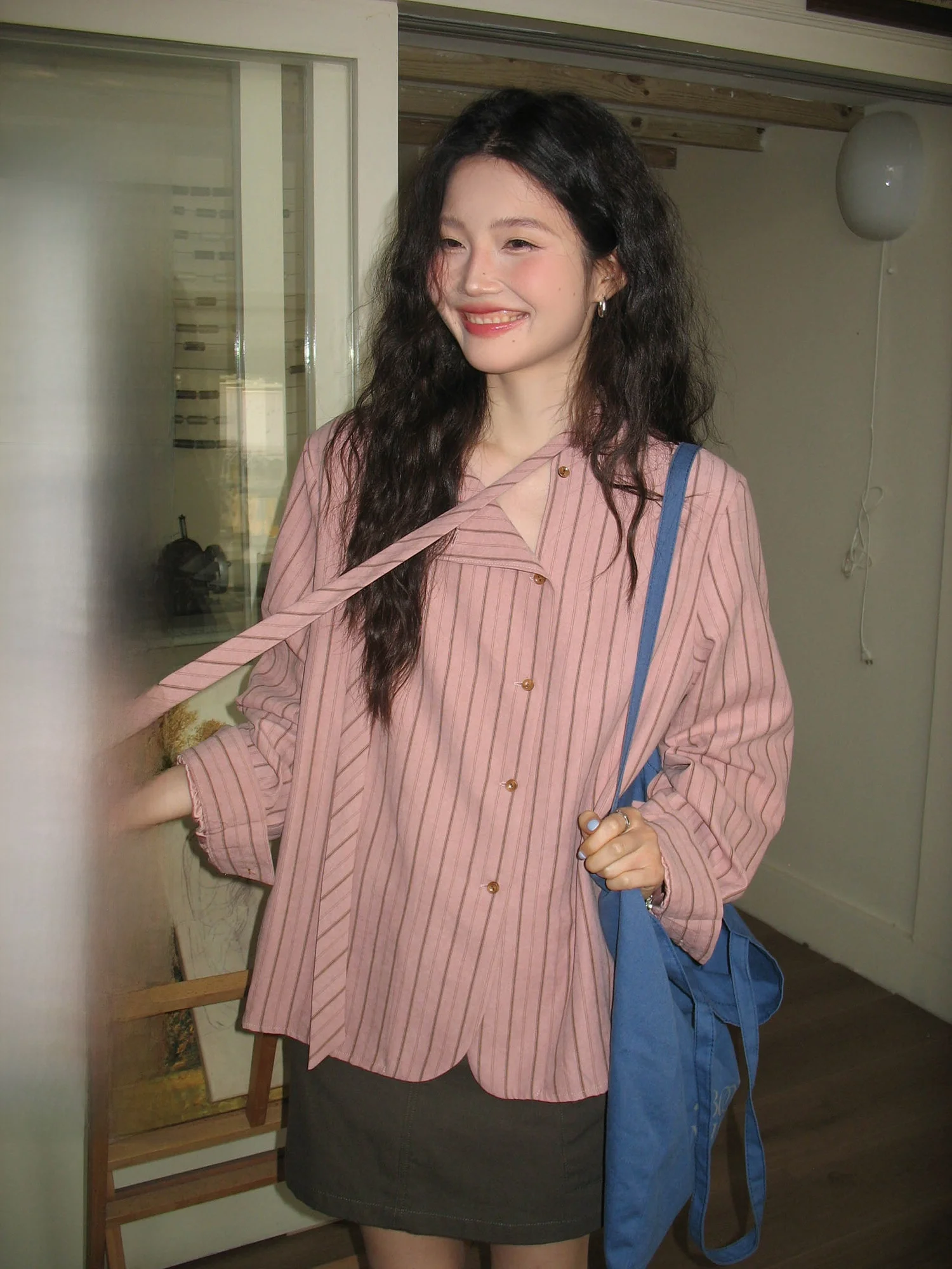 

Elegant Pink Striped Long Sleeve Women's Shirt Korean Style Spring 2026 New Age Reduction Beautiful Blouse Loose Fit round Neck