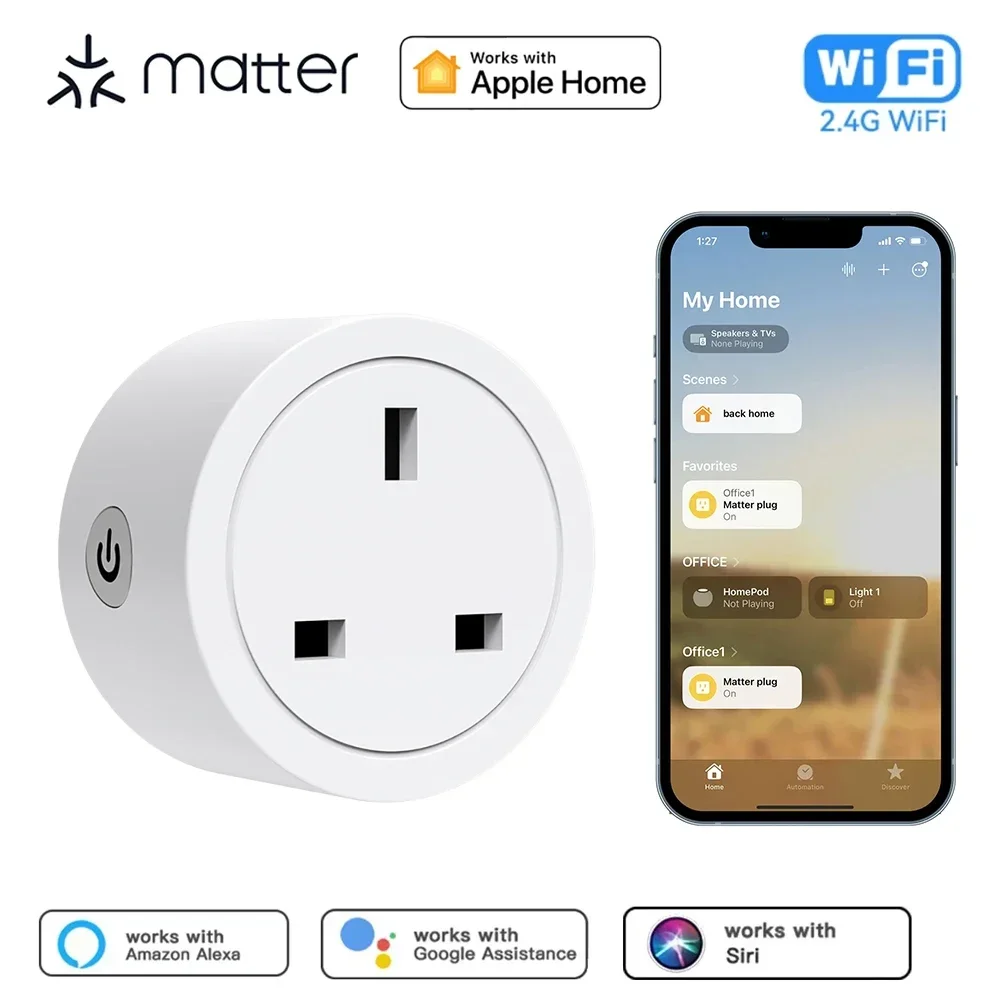 Matter Smart Socket WiFi UK Smart Plug 16A Мини-домашняя розетка Управление приложением Голосовая функция Работа с HomeKit Siri Alexa Google Home