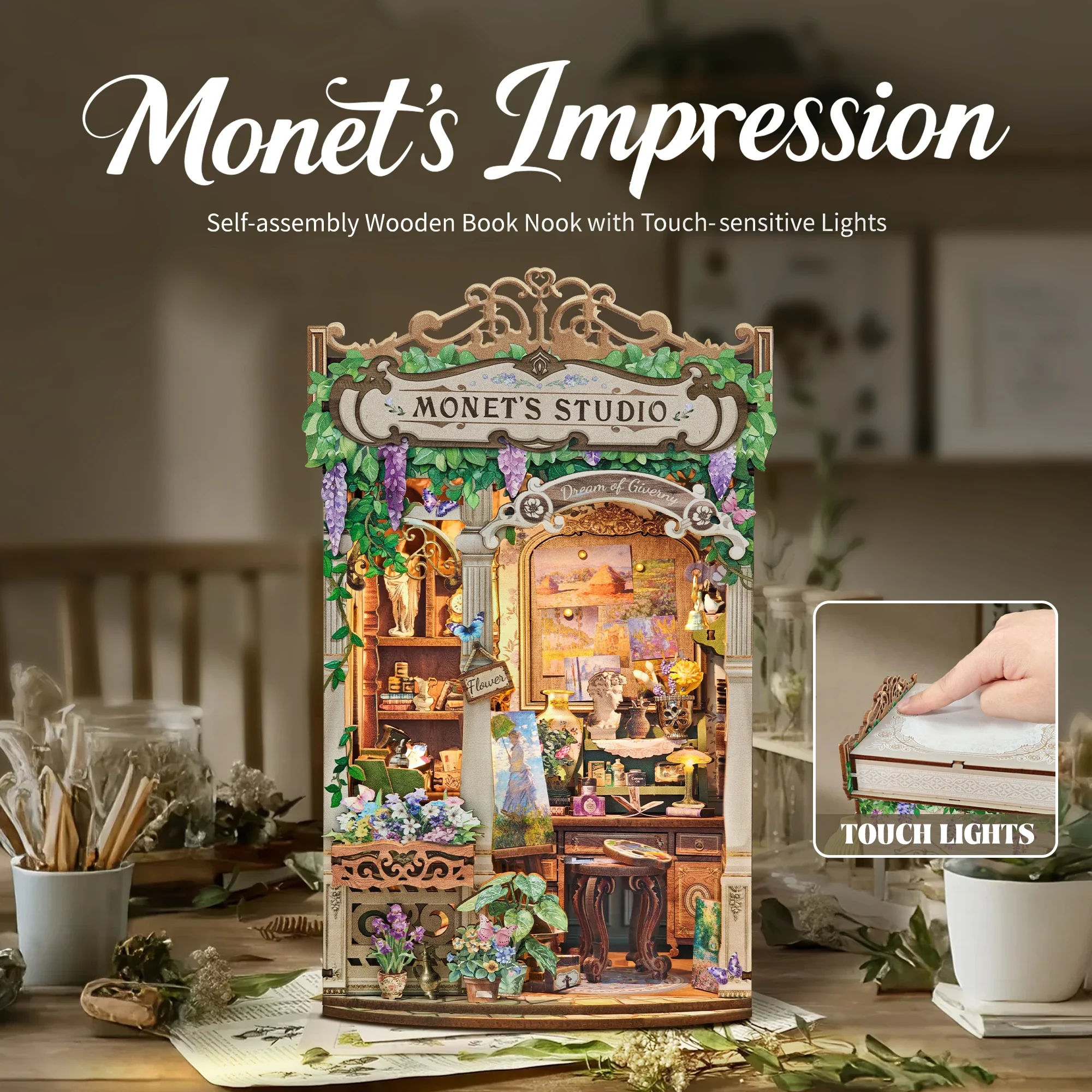 DIY Wooden Monet's Studio Book Nook Shelf Insert Kits Miniature Model Kit With Light Flower Bookend for Friends Birthday Gifts