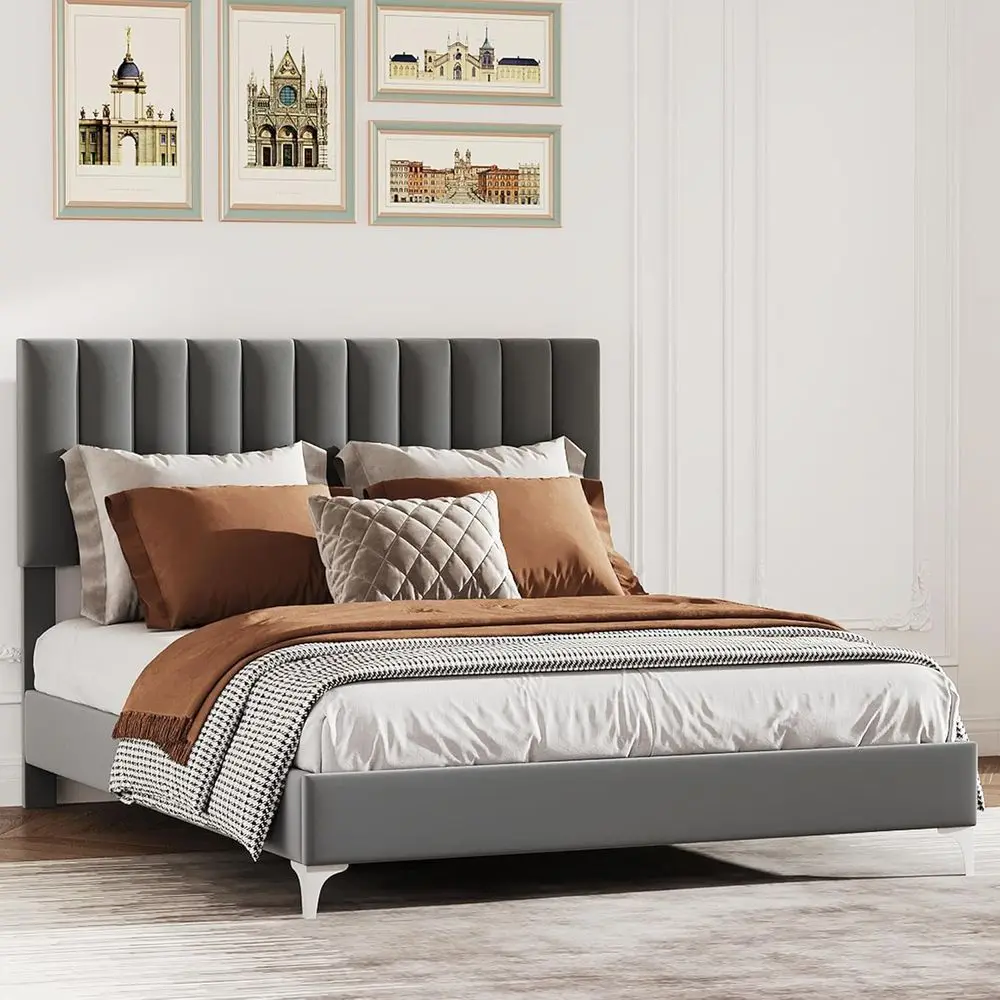 سرير بمنصة منجدة كاملة الحجم مع لوح رأسي قابل للتعديل وتصميم منخفض لكبار السن والأطفال، لا حاجة إلى صندوق زنبركي