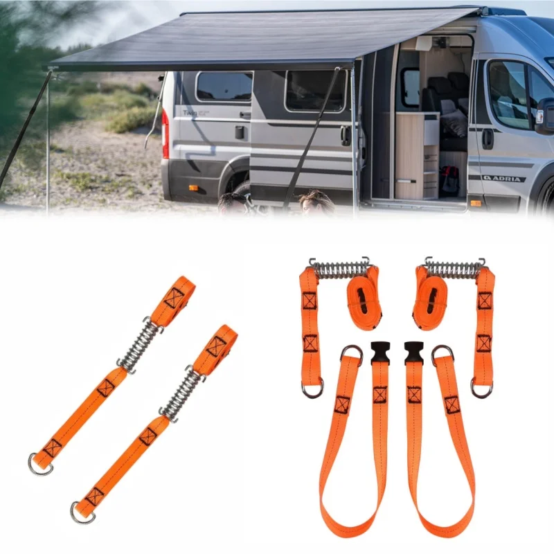 Orange Storm Straps Kits With Metal Buckle Adjustable RV Roof Awning Tensioner Tie Down Belts Caravan Motorhome Camping Tool