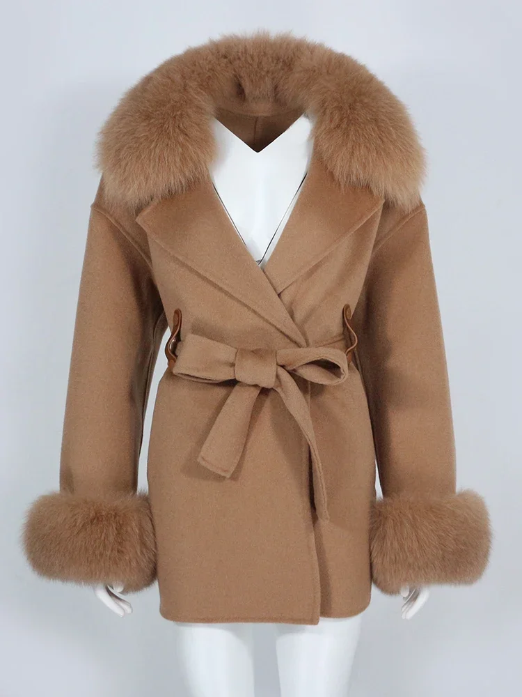

Женское пальто из натурального меха 2025 года, зимняя куртка, воротник из натурального лисьего меха, манжеты, пояс, кашемировая шерсть, шерстяная женская верхняя одежда, уличная одежда