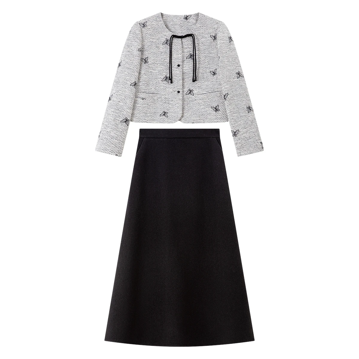 VIMLY Women's Skirt Suit Chinese Style Winter 2025 Black Butterfly Embroidery Top A-line Long Skirt Ladies Sets Two Pieces A2908
