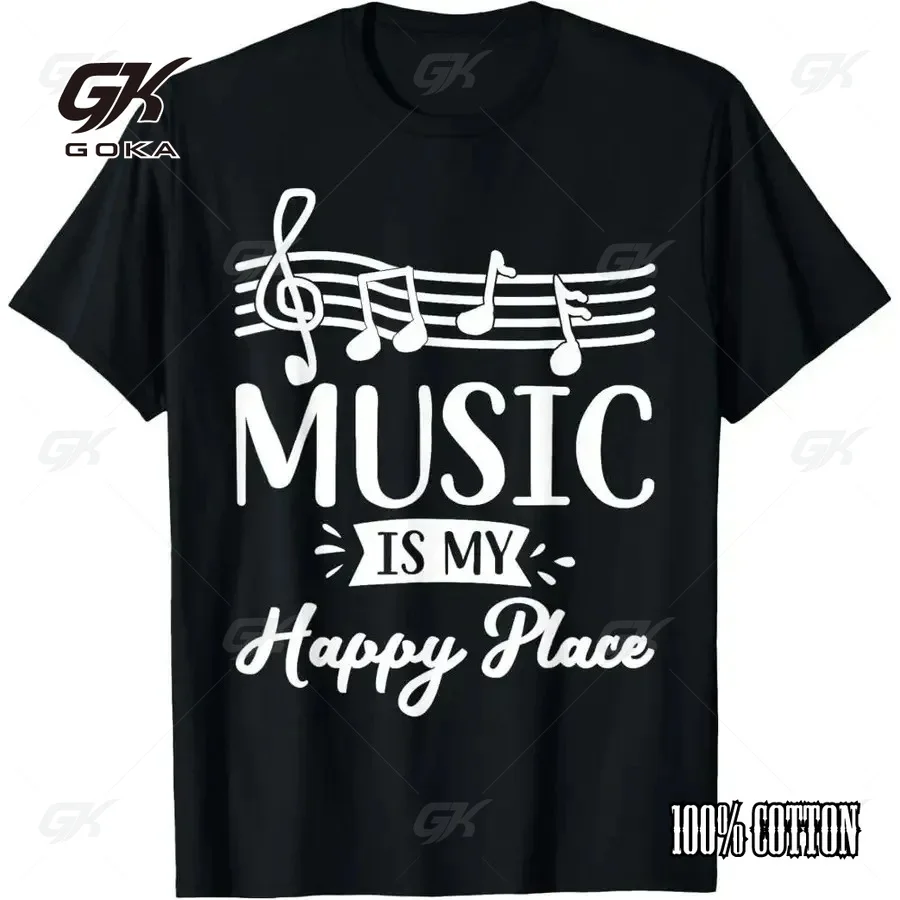 Music Is My Happy Place Graphic T-Shirt - Black with White Musical Notes and Treble Clef Design Loose Fit Casual Tops Y2k