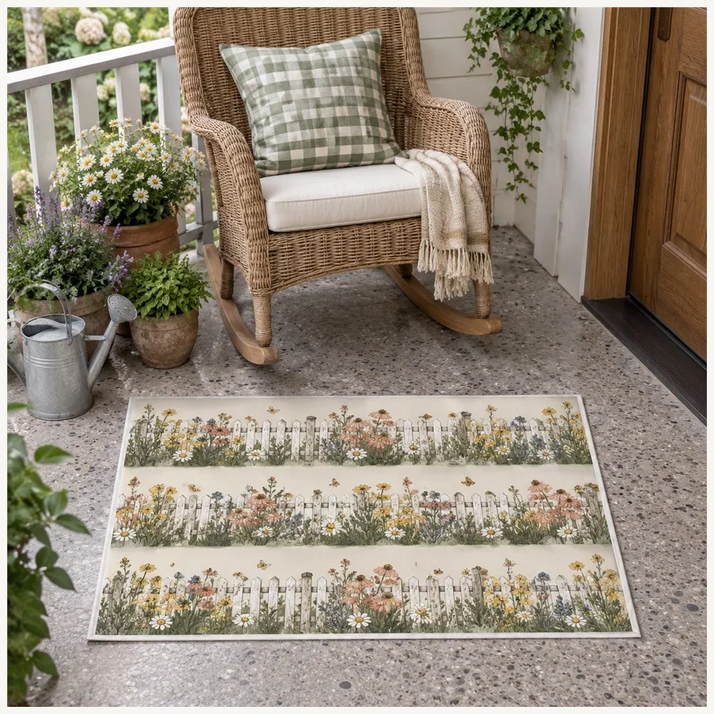 VIKAMA Picket Fence Door Mat, Soft Non Slip Flannel Rug, English Country Floor Mat for Porch, Garden Room, Snug